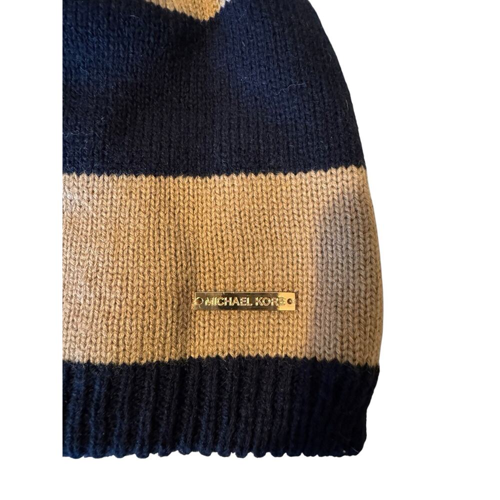 Michael Kors NEW Beanie Hat Black and Tan Striped Knit Cap - Picture 2 of 4